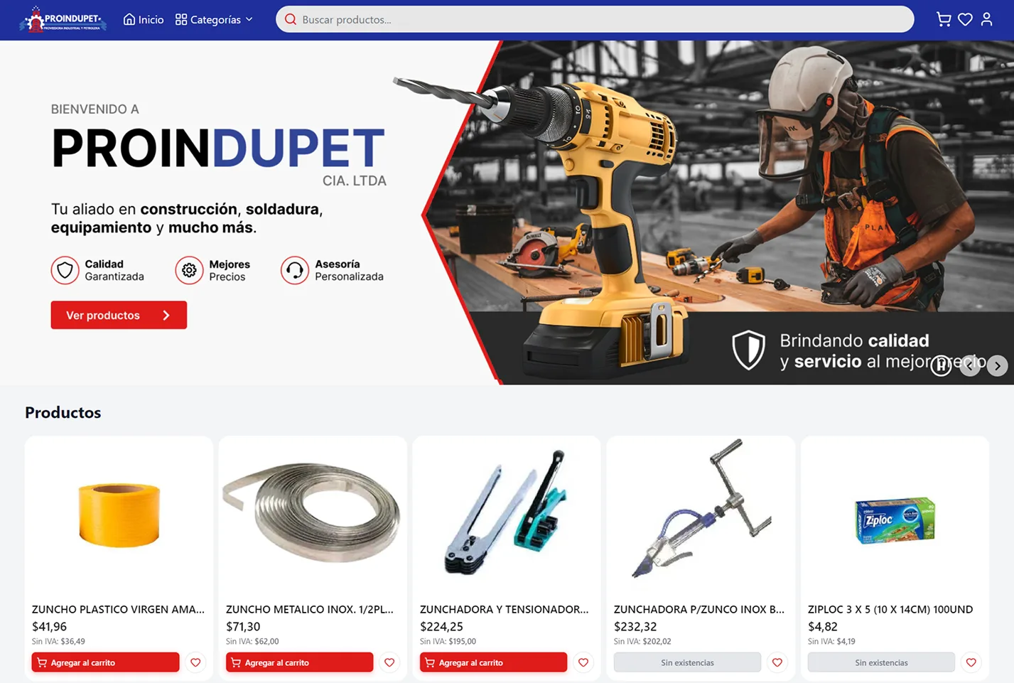 Tienda en línea de Proindupet en escritorio